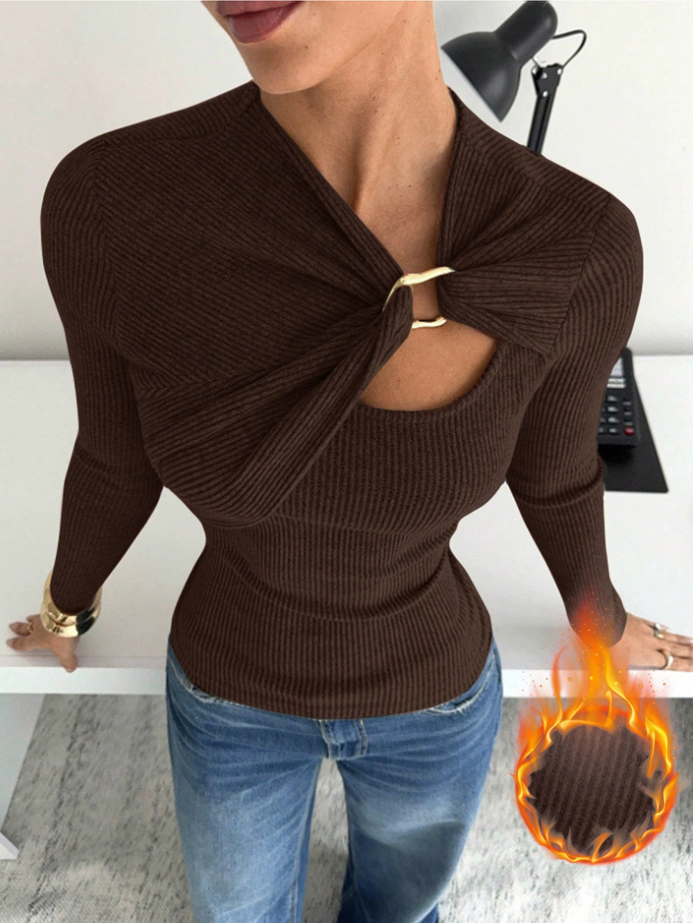 ZARA Asymmetric Collar Twist Metal Button Cutout Slim Long Sleeve Top